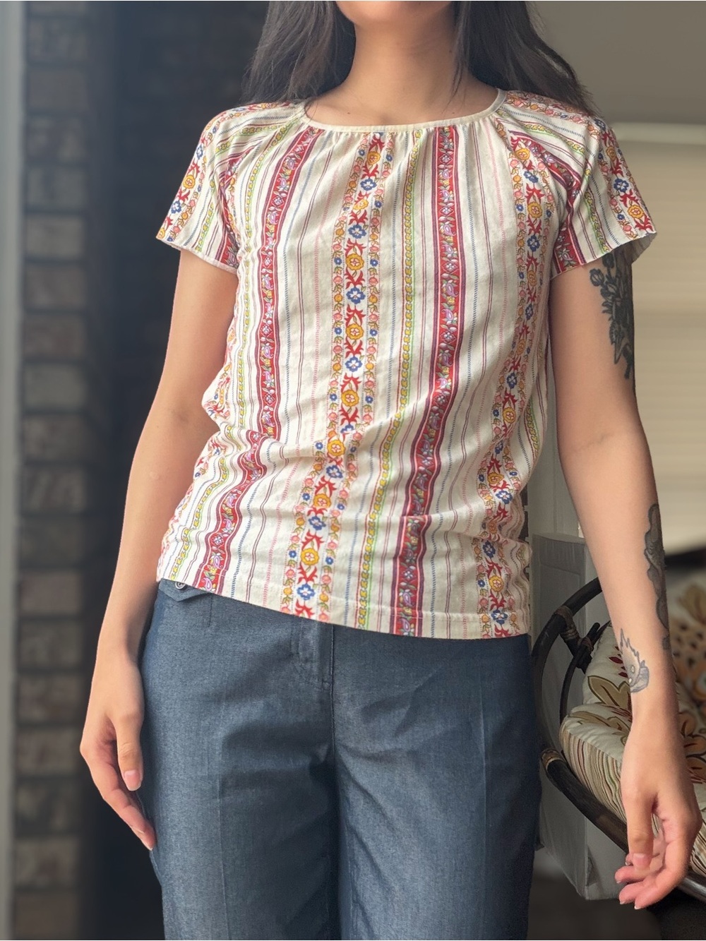 Women's Short-Sleeve Striped Floral Tee - White & Red